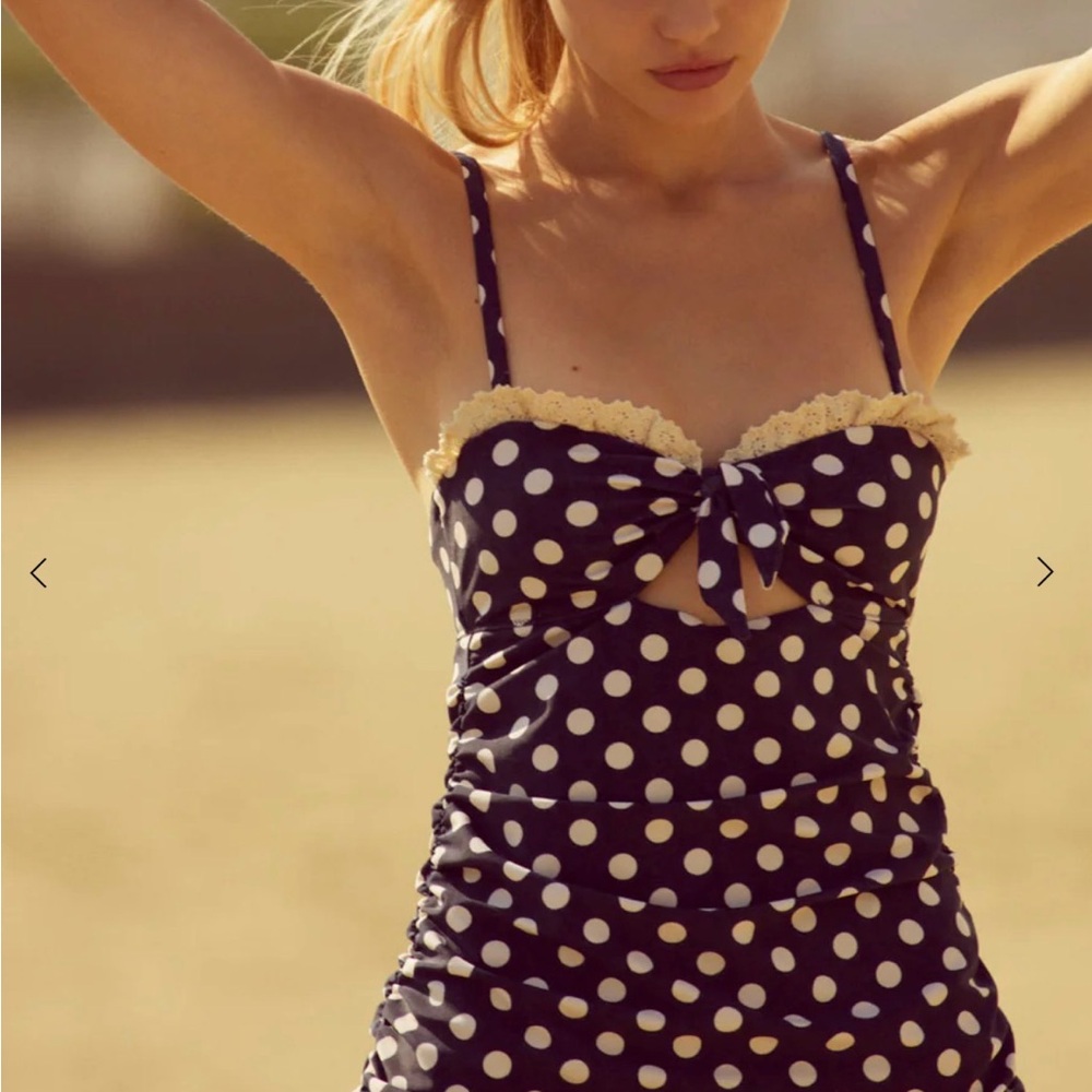 For Love & Lemons Navy Polka Dot Tie-Front Swim Dress with Cream Lace